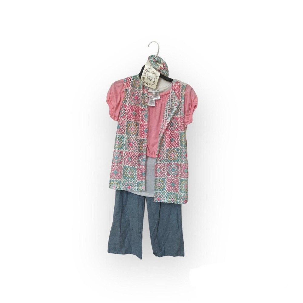 Forever Me Girls Four Piece Outfit Size S  (6/6x)  Vest Pink Blue New With Tags